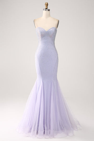 Sirena Lila Novia Palabra de Honor Vestido Largo De Fiesta Con Cuentas